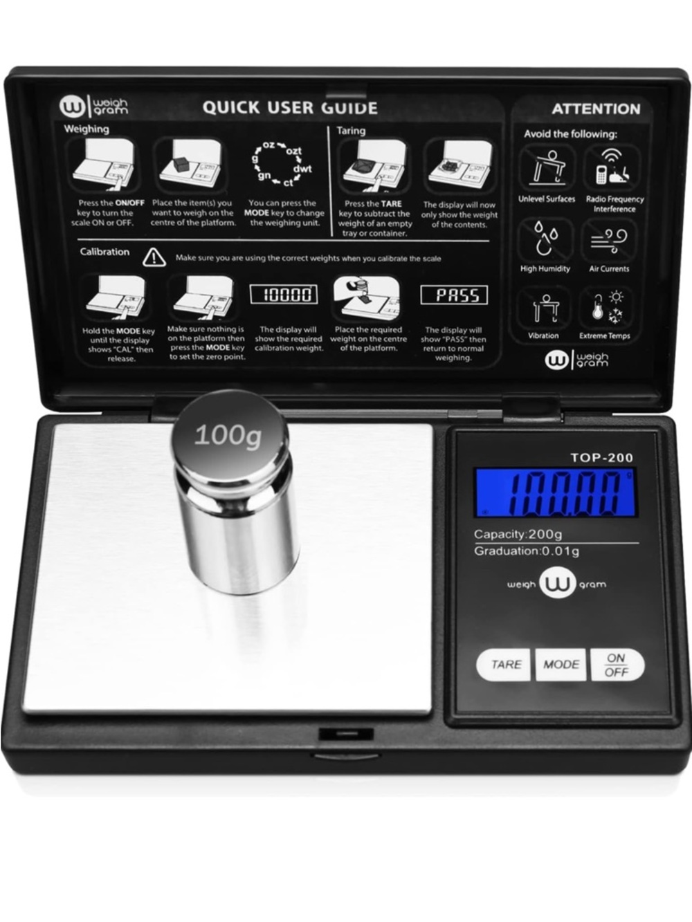 TOP-200 Digital Pocket Scale in Black with Blue Backlit Display